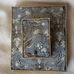 Vintage Art Deco Brass Compact and Pill Box Blue Woven Floral
